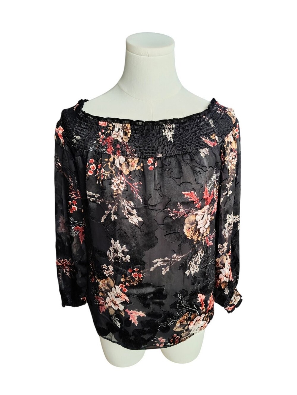 White House Black Market Velvet Silk Floral Sheer Smocked Blouse Size XS